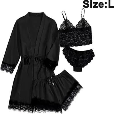 Produktbild von 4 teilig Damen Satin Blumenspitze Cami Top Dessous Pyjama Set mit Bademantel Morgenmantel Kimono Dessous Set Satin Pyjama Spitze Robe BH(L, schwarz)