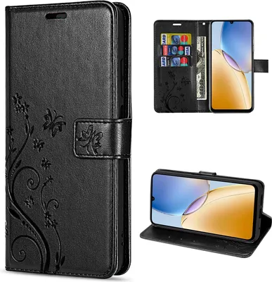 A collage of images showing a black flip phone case with a floral design, a phone inside the case, and the case in a stand-up position.