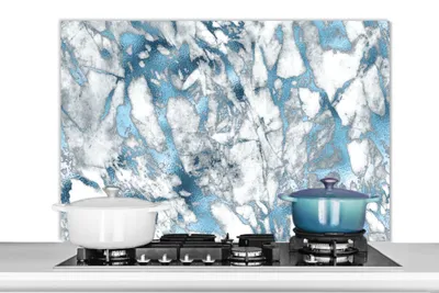 Obrázok produktu pre MuchoWow® Splashback Kuchyňa - Kuchynský backsplash - Ochrana steny pre sporák a drez Mramor - luxusný - strieborný - modrý 100x65cm Alu-Dibond