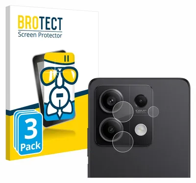 A product shot showing packaging and a close-up of a phone's camera lens with screen protectors applied.