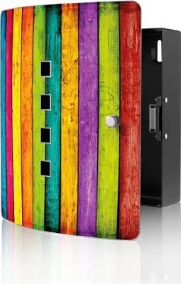 Produktbild von banjado Design Schlüsselkasten aus Edelstahl für 10 Schlüssel, Schlüsselschrank 24 x 21,5 x 7cm groß mit Magnetverschluss, Bunte Holzlatten [BWSK 10620]
