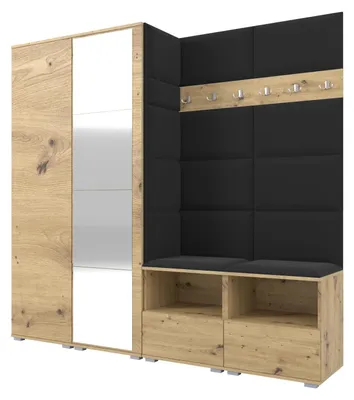Produktbild von Garderobe NELA VI 200 cm Modulare Flurmöbel Artisan Eiche mit Spiegel & Sitzpolster Schwarz 16 (Universell)