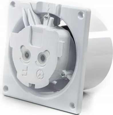 The back of a white ventilation fan is shown against a white background.