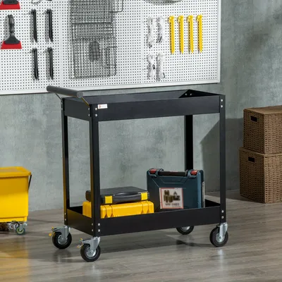 Produktbild von Werkstattwagen 2 Etagen, Schubkarre, Kaltgewalzter Stahl, Schwarz | 84,5 x 38 x 84 cm | bis 150 kg | 4 Rollen mit Bremsen