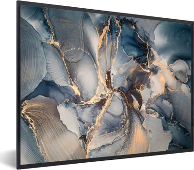 Produktbild von MuchoWow® Gerahmtes Poster Marmor - Grau - Blau - Luxus - Gold 80x60 cm - Poster mit Schwarzem Bilderrahmen Wandposter Rahmen Foto Bilder - Schwarzem - Mit Gestell
