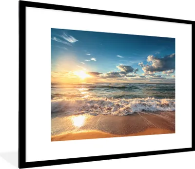 Produktbild von MuchoWow® Gerahmtes Poster Strand - Meer - Sonnenuntergang 80x60 cm - Poster mit Schwarzem Bilderrahmen Wandposter Rahmen Foto Bilder - Schlafzimmer-Dekorationen - Fotoposter