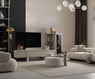 Productafbeelding van Modernes Wohnzimmer Set Lowboard Holz Couchtisch Polsterhocker