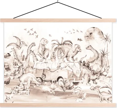 Produktbild von MuchoWow® Textilposter Dinosaurier - Bus - Kinder - Tiere - Bäume 40x30 cm mit holzfarbenen Rahmen - Bilder