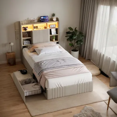 Produktbild von INONEFT Bett 90x200 mit Stauraum, Modern Polsterbett mit LED-Beleuchtung, USB Ladefunktion, Jugendbett mit 2 Schubladen, Leinen, Ohne Matratze, Beige