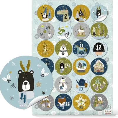 Produktbild von Aufkleber mit Zahlen für Adventskalender, Tiere, 1-24 – Set mit 24: Runde Zahlenaufkleber für Kinder, zum Selbergestalten von Adventskalendern, Weihnachten