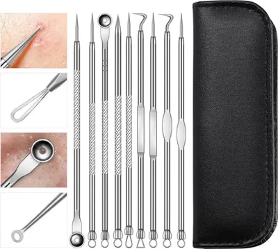 Produktbild von 9 Stück Mitesserentferner Blackhead Remover Werkzeug, Komedonenquetscher Pickel ausdrücken Werkzeug Pinzette Zupfen Akne Mitesser Entferner Kit