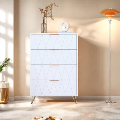 Immagine prodotto di UnboxG Comò 60x34x90 cm, 4 cassetti, bianco con motivo a rombi, credenza, armadio, mobili per camera da letto e soggiorno