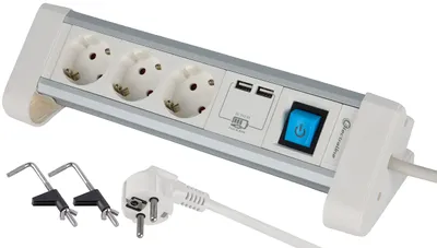 Image de Electraline 62563 : multiprise de bureau en aluminium, 3 prises, avec 2 ports USB 2.4A