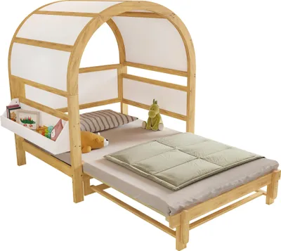 Produktbild von Erweiterbares Gewölbtes Dachbett, Schiebebett, Kinderbett, Tagesbett, Kleine seitliche Ablagefläche, Kiefer+MDF, Weiß+Natur, 140x200cm