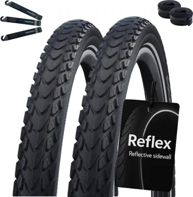 Produktbild von maxxi4you 2 x Schwalbe Marathon Mondial Performance Fahrradreifen RaceGuard E-50 Schwarz/Reflex 42-622 (28 x 1.60") + 2 Schwalbe DV17 Schläuche inkl. maxxi4you Reifenheber
