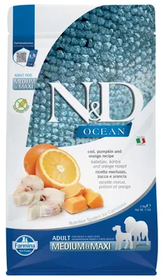 Obrázek produktu pro Farmina Pet Food N&D Ocean, Dospělý jedinec, Jakékoli plemeno, Velký (26 až 44 kg), Střední (11 - 25kg), Treska, Dýně, 2,5 kg