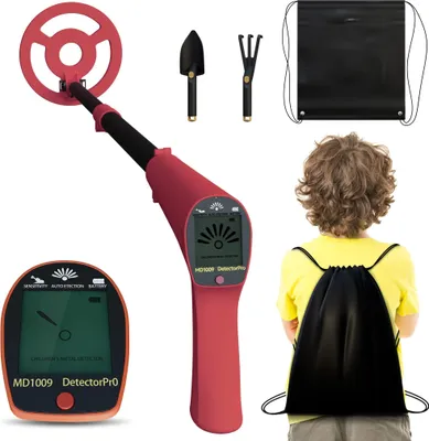 Image de Détecteur de métaux NAIZY pour enfants à partir de 5 ans, détecteur de métaux pour enfants de haute précision avec écran LCD, bobine de recherche étanche, réglable en hauteur, léger et portable, pelle & râteau inclus, rouge