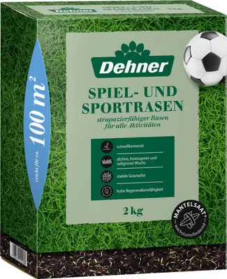 Produktbild von Dehner Saatgut Spielrasen / Sportrasen, hochwertige Rasensamen für strapazierfähigen / dichten Rasen, schnell keimend / pflegeleicht, ideal für Familiengärten & Spielflächen, 2 kg für ca. 100 m²