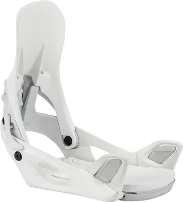 A white and gray snowboard binding is shown against a white background.