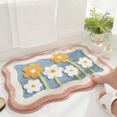 Image de Tapis de bain, doux, absorbant, en microfibre avec motif floral velouté, antidérapant, lavable, 50 x 80 cm