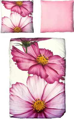 Produktbild von Baumwolle Satin Bettwäsche Blumen Weiß Pink 155x220 80x80: 2 tlg.