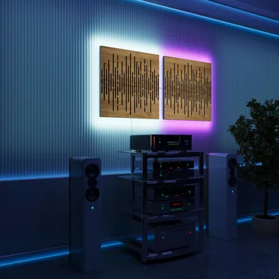 Obrázek produktu pro Sada 2 ks LED akustických nástěnných panelů s RGB podsvícením pro Echo Control | Zvukově izolační panely s podsvícením | 2x WAVE – samostatně | Dub