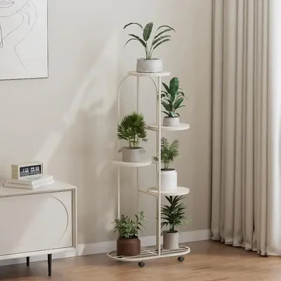Immagine prodotto di Scaffale per piante - Scaffale angolare in metallo - 5 ripiani - Per interni/esterni - Per più vasi da fiori - Arancione