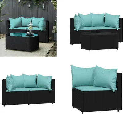 Image de vidaXL 3 pcs. Garden Lounge Set with Coussins Black Poly Rattan - Garden Lounge Set - Garden Lounge Sets - Outdoor Lounge Set - Lounge Set Terrasse