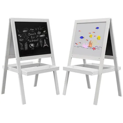 Image de AIYAPLAY Tableau chevalet enfant 2 en 1 - face ardoise magnétique et face tableau noir à craie - 2 plateaux de rangement intégrés - blanc