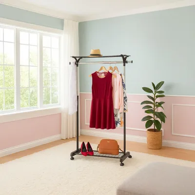 Image de Porte-manteau avec étagères et roulettes - Rangement réglable