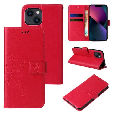 Produktbild von Handyhülle für Apple iPhone 13 Floral Blumen Schmetterling Flip Cover Hülle Case Klapphülle Handytasche Farbe: Rot