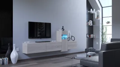 Produktbild von Furnitech Wohnwand Wohnzimmer - Wohnzimmer Möbel mit LED Weiß - Hängend Wohnwand Modern - Regale und TV Schrank (Vector AN61-M-S-4 1A)