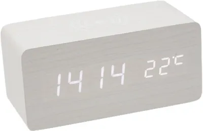 Holz-Wecker, LED-Kubus, 5,9 Zoll Display, USB, Temperatur, Weiß