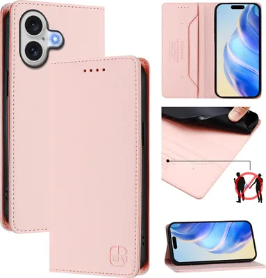 Produktbild von Lederhülle für iPhone 17 Hülle Flip Brieftasche Kartenfächern Ständer Schutzhülle Pink