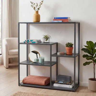 Zdjęcie produktu dla Regał HWC-P98, regał stojący do salonu, regał na przedmioty, styl industrialny, metalowy, 80 x 80 x 30 cm ~ antracyt
