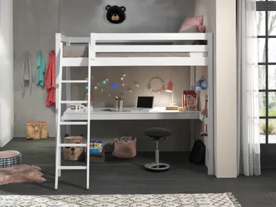 Image de Lit surélevé Vipack avec surface de couchage 140 x 200 cm et grand plateau de bureau, finition laquée blanche