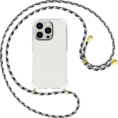Produktbild von Handykette Backcover-Schutzhülle mit Band (Metall goldfarben) für Apple iPhone 15 Pro Max - schwarz/grau/weiß