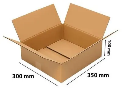 An open cardboard box with dimensions indicated.