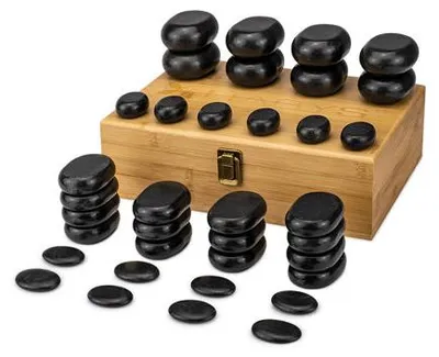Obrázek produktu pro Sada masážních kamenů Habys 36 kusů, z čediče, s elegantní bambusovou krabičkou, pro wellness lázeňskou tepelnou léčbu a tepelnou terapii, terapeutické kameny