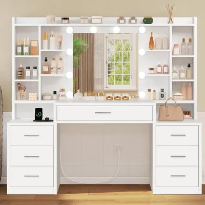 Image de Table de maquillage avec éclairage LED et miroir, blanche, avec 7 tiroirs et une étagère ouverte