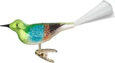 Christbaumschmuck Glas Vogel mit Federschwanz auf Clip 10cm Grün Blau