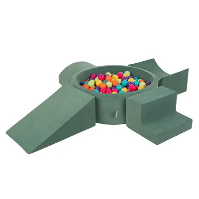 Produktbild von KiddyMoon spielplatz velvet aus schaumstoff mit samt rund bällebad bällebad (300 bälle) + version 5 ballgruben für babys spielbad hindernisläufen, hergestellt in der eu, waldgrün: hellgrün/gelb/türkisSpielplatz Velvet aus Schaumstoff