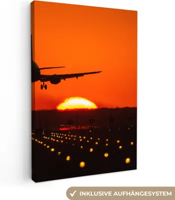 Produktbild von MuchoWow® - Leinwandbilder - Sonnenuntergang - Flugzeug - Orange - Sonne, Wandbild, Wanddeko Bilder Wohnzimmer, 60x90 cm