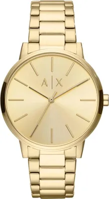 A close-up studio shot of a gold-colored Armani Exchange watch.