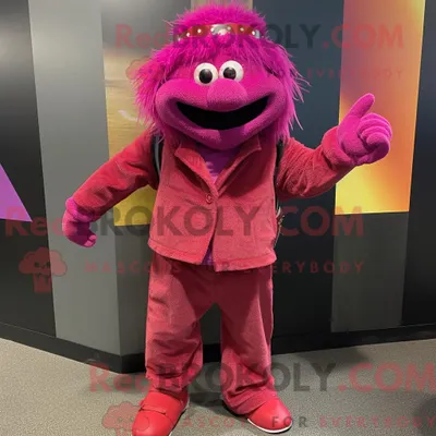 Immagine prodotto di Personaggio mascotte REDBROKOLY di un Magenta Momentum vestito con pantaloni di velluto a coste e orecchini