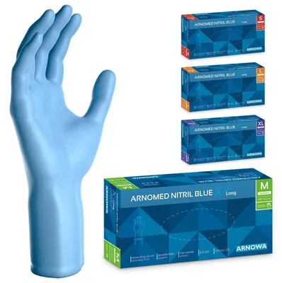 Produktbild von ARNOMED Nitril Handschuhe Blau, extra lang und robust, Größe L | Box (100 Stück)