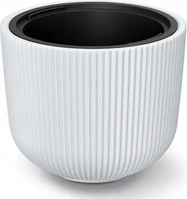 A white ribbed planter with a black insert is shown against a white background.