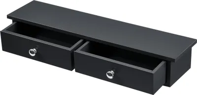 A black wall shelf with two open drawers and silver knobs, shown against a white background.