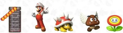 A collage of five Mario-themed characters and items.