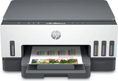 A front view of an HP Smart Tank 720 printer with a document partially printed.